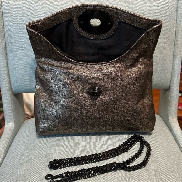 Coach Turnlock Clutch In Metallic Leather w/ removable black chain strap